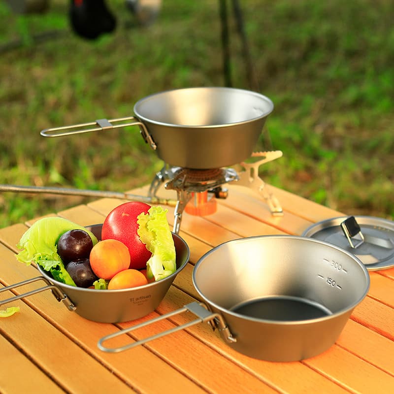 Tigela de neve de titânio puro ao ar livre, utensílios de mesa portáteis, equipamento de panelas de acampamento, copo de