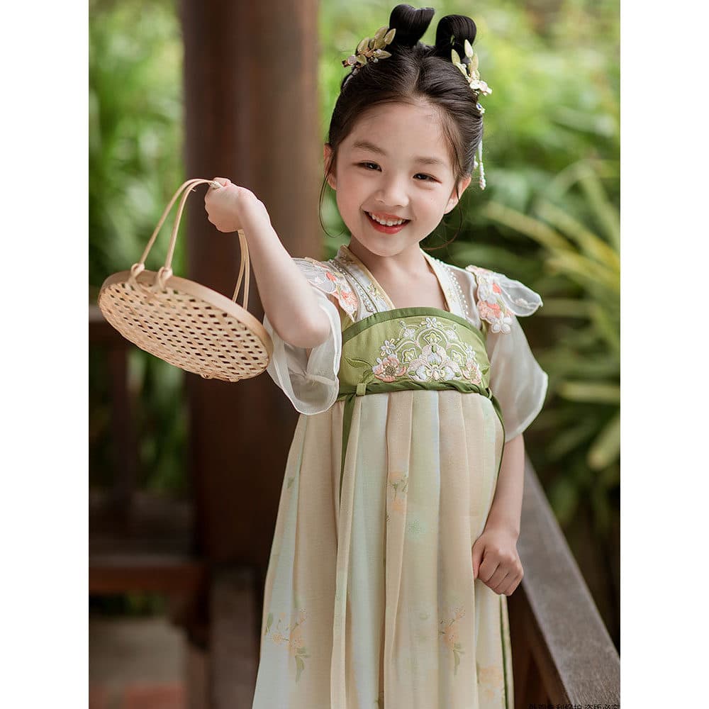 Hanfu meninas verão novo estilo crianças antigo bordado Super fada saia de manga curta bebê verão luz vestido fino Origi