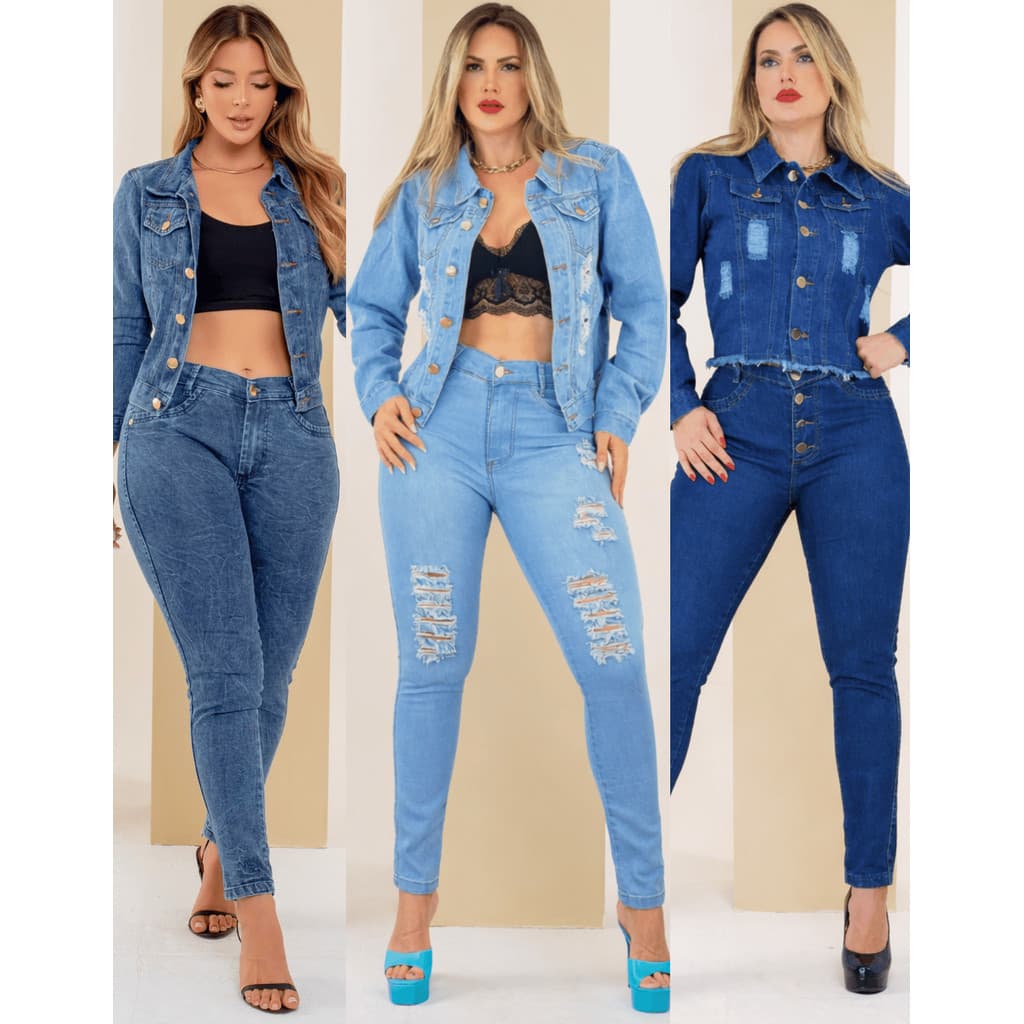 Conjunto Jeans Feminina Jaqueta Calças Coloridas Novo Cintura Alta Feminino Com Modela Corpo e Calça