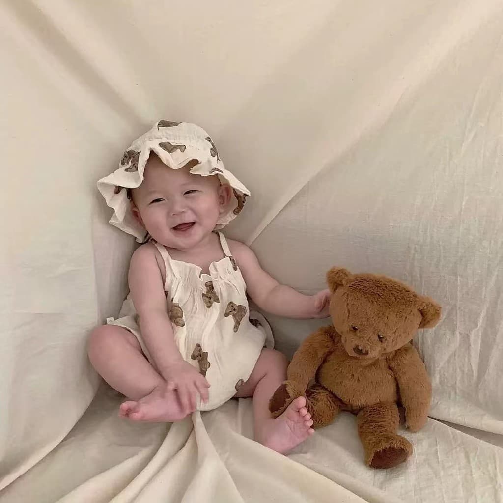 Coco mãe bebê verão terno urso estilingue macacão bebê manga curta macacão gaze puro algodão respirável estilo fino