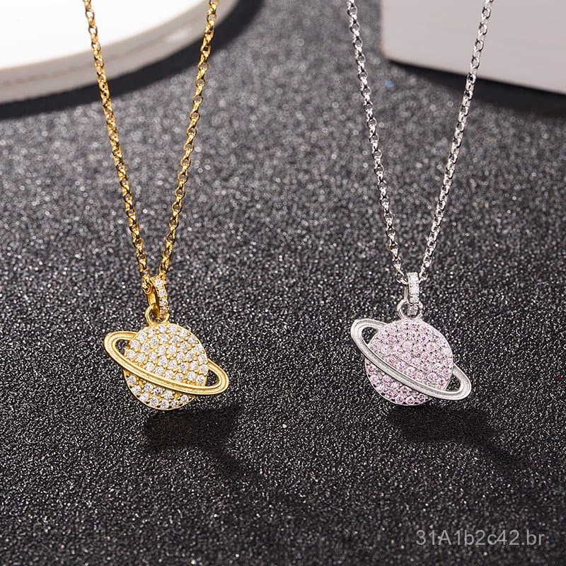 Colar de prata pura S925 europeu e americano com pingente de planeta rosa e branco para mulheres, estilo ins, corrente d