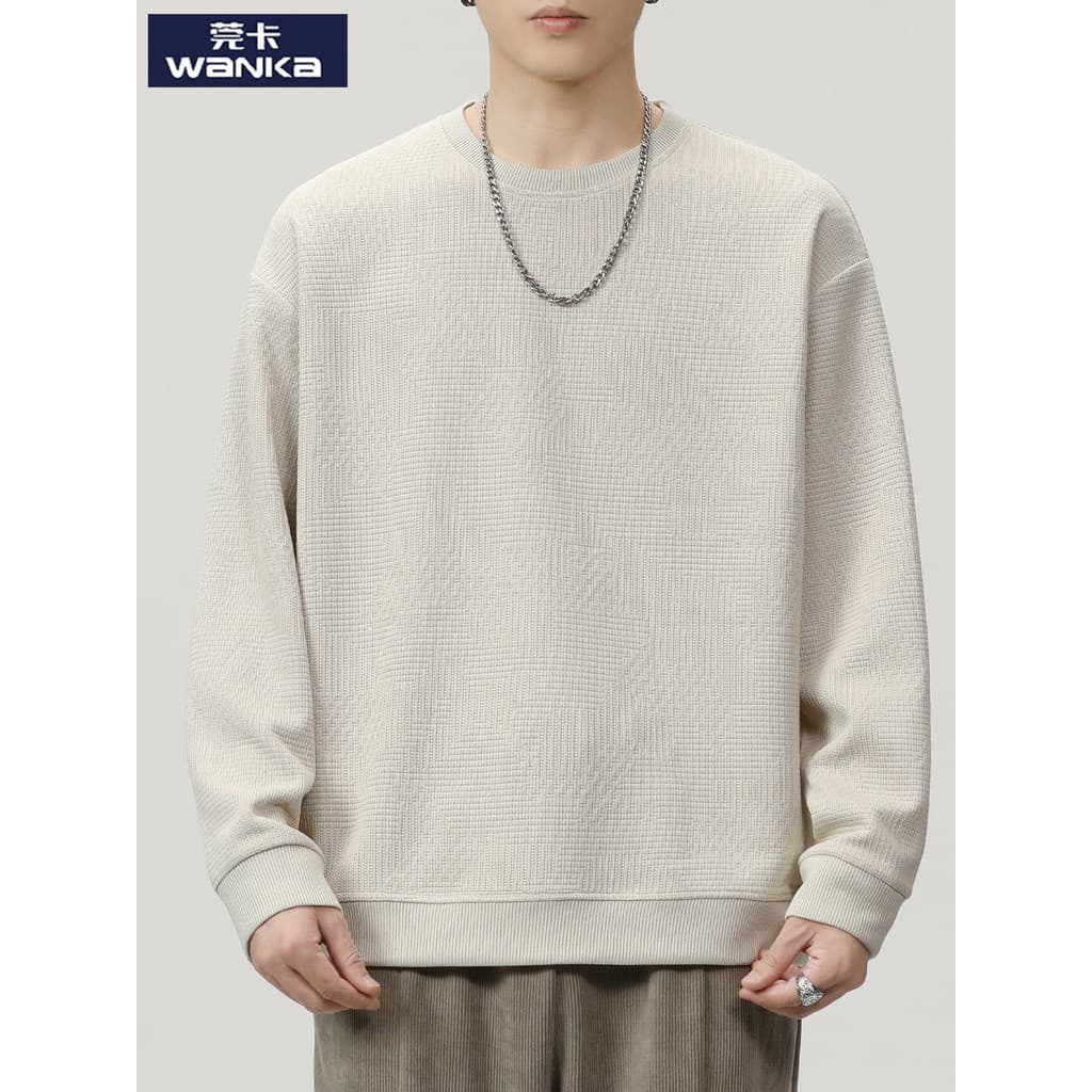 Primavera outono Waffle moletom masculino mais gordura plus Size solto malha em torno do pescoço jaqueta outono masculin