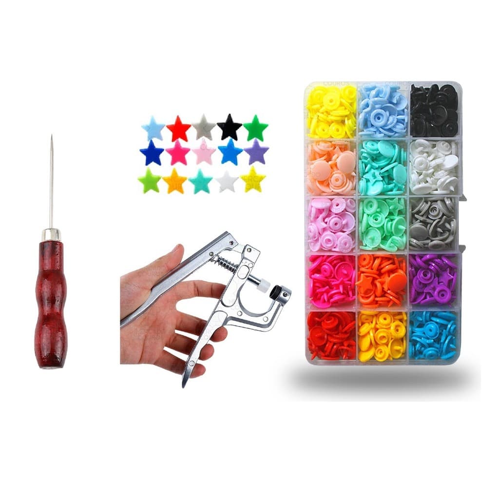 Kit Completo de Botões de Pressão Rita Estrela 12mm + Alicate com Matrizes + Furador Agulhão Lanmax