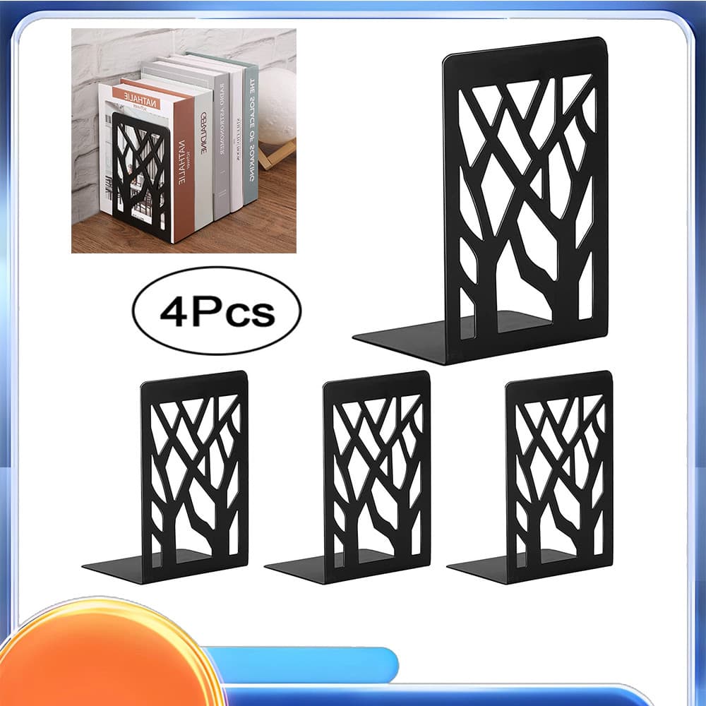 4 suportes metálicos para livros, com as dimensões 12 cm × 17,5 cm × 9 cm