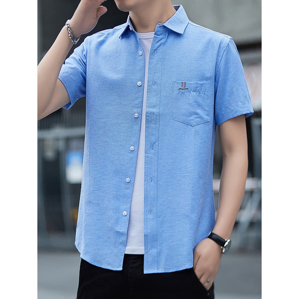 Camisa de negócios de algodão masculina cor sólida verão Oxford girando na moda Casual magro-ajuste camisa masculina Pol