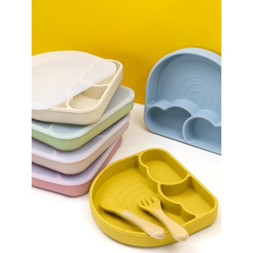 Prato de jantar infantil de Silicone de grau platina arco-íris nuvem bebê com tampa prato de jantar ventosa prato de jan