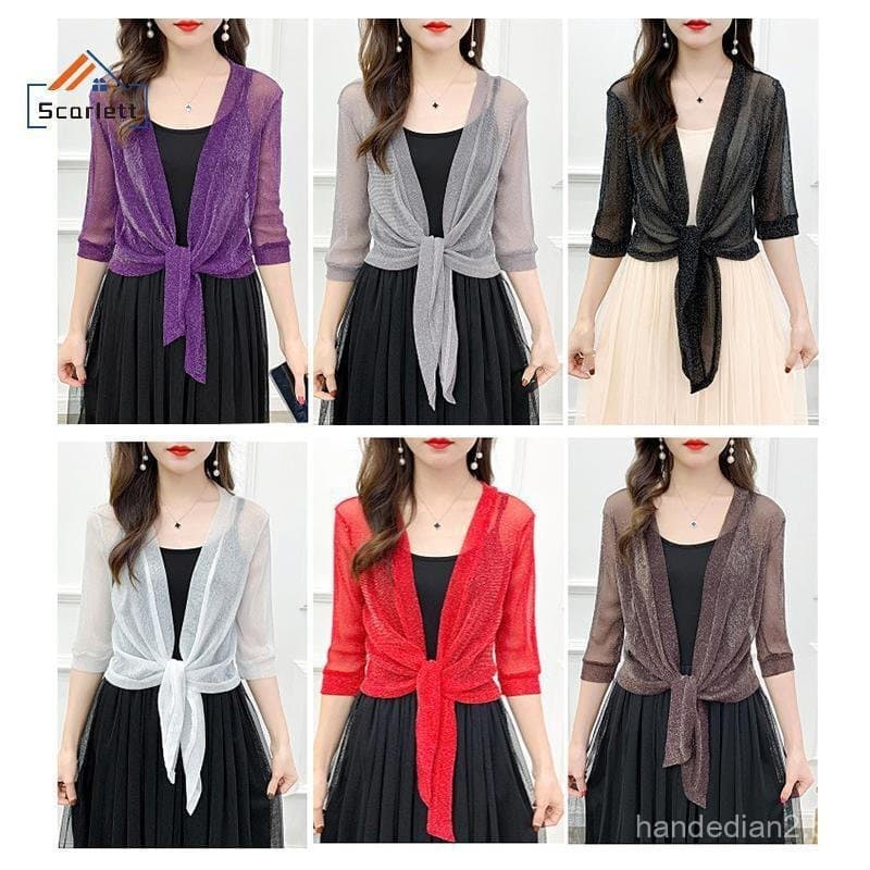 [Scarlett] Elegante Jaet Cardigan Meia Manga Frente Lace-up Casaco Feminino Fino Curto [Preferencial]