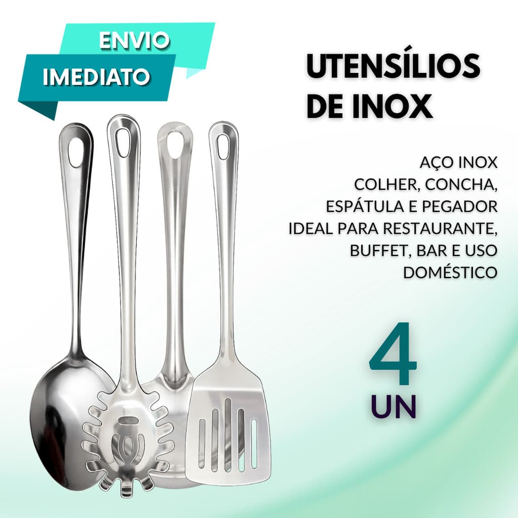 Kit Utensílios 4P Aço Inox Colher Concha Pegador e Espátula Vazada Durável Restaurante Buffet Self Service Uso Doméstico