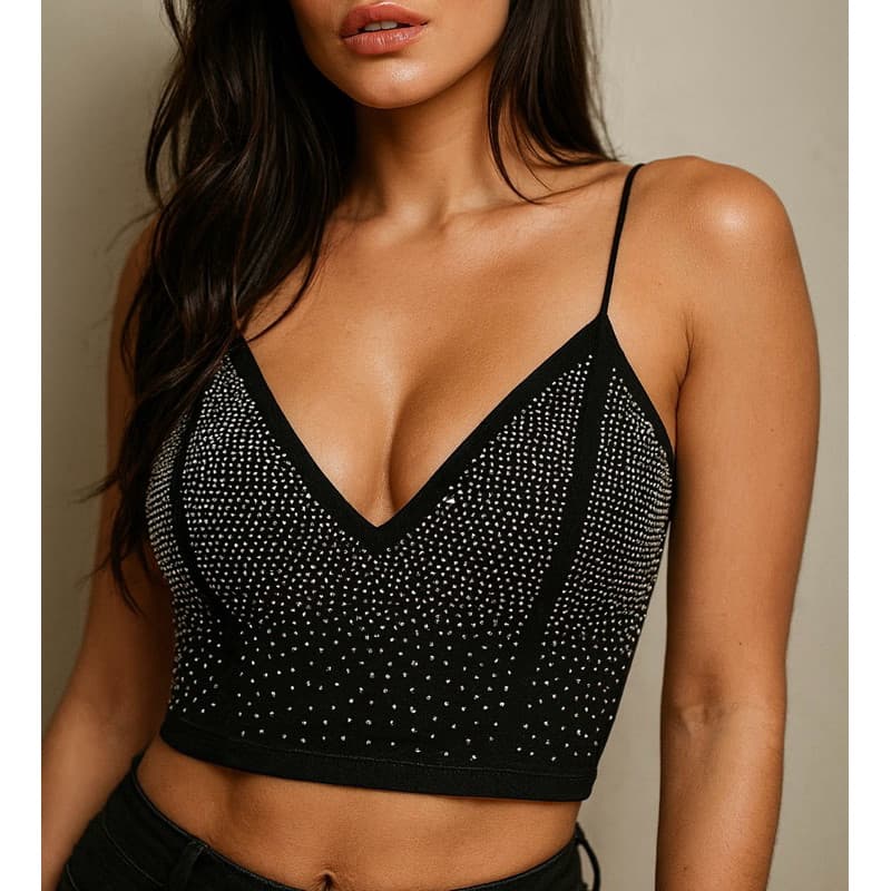 Cropped Feminino Lia em Pedraria Strass Brilhante Luxo com Bojo