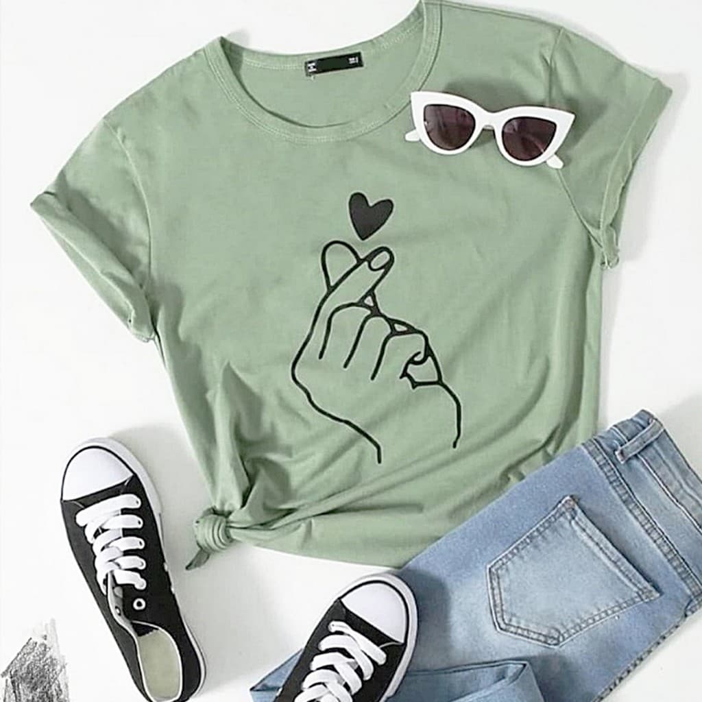Blusa Tshirt Feminina Manga Curta Viscolaycra Estampa Mão Coração