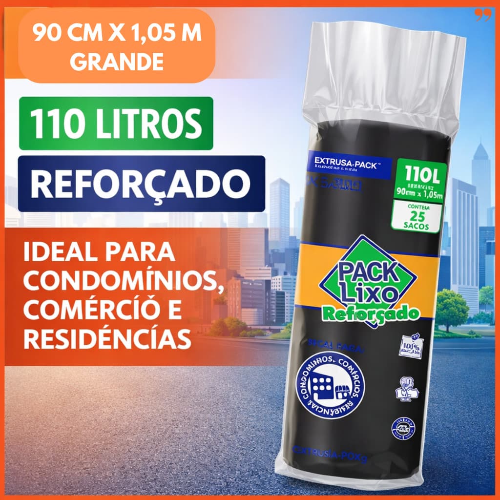 Saco de Lixo Reforçado 110 Litros com 25 Sacos | Extra Forte | 90x105cm | Grande/ Ideal Condomínios e Comércio