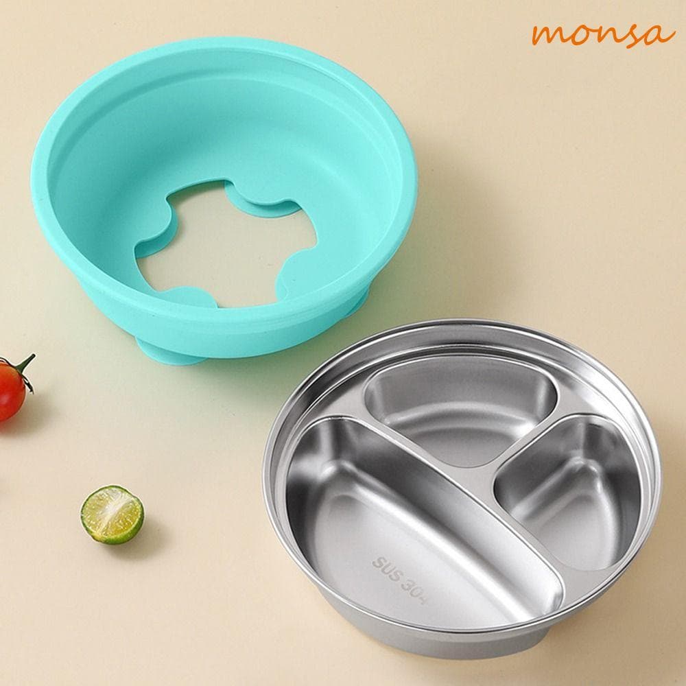 MONSA 3 Grades Pratos Infantis , Ventosa De Silicone 304 Aço Inoxidável Bebê Otário Prato De Jantar , Anti-Queda