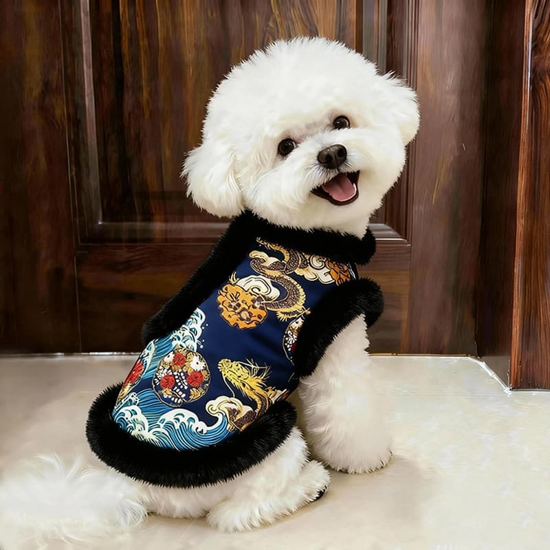 Roupas para cães outono inverno estilo mais veludo quente festivo dragão terno pequeno cão Teddy Bichon gato de estimaçã