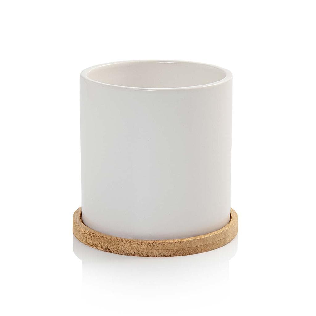 Vaso Cachepot com Prato de Bambu Branco Fosco P Cube Pozzani