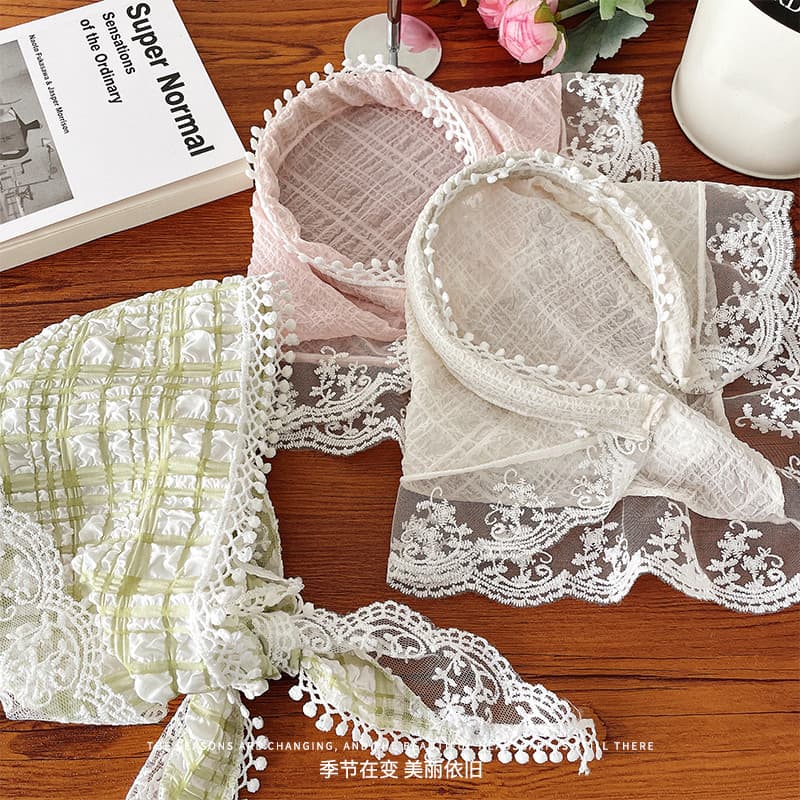 Faixa de cabeça de renda branca estilo bandana feminina 2025 novo estilo bandana moda de uma peça triângulo francês cach