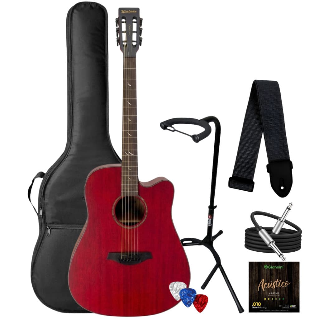 Kit Violao Waldman Blastone Grand Dcex-641 Trt Vermelho Aco + Capa Suporte Cabo Correia Palhetas