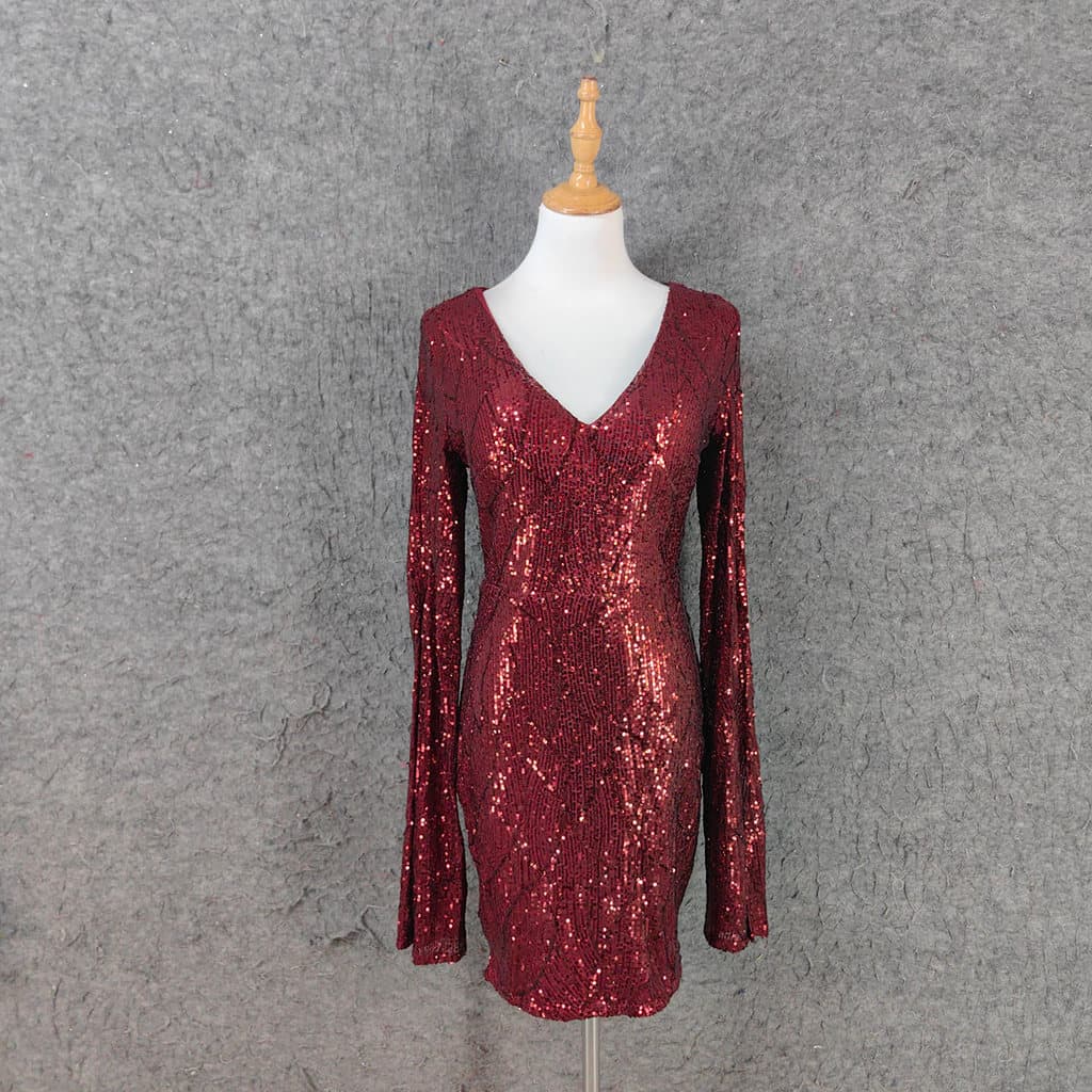 Festa boate dança chão curto vestido de manga comprida feminino lantejoulas mais magro olhar All-Match vestido com decot