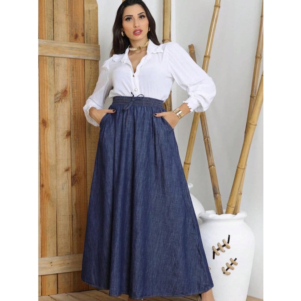 Saia Jeans longo Moda Feminina   com bolso y lastex na cintura