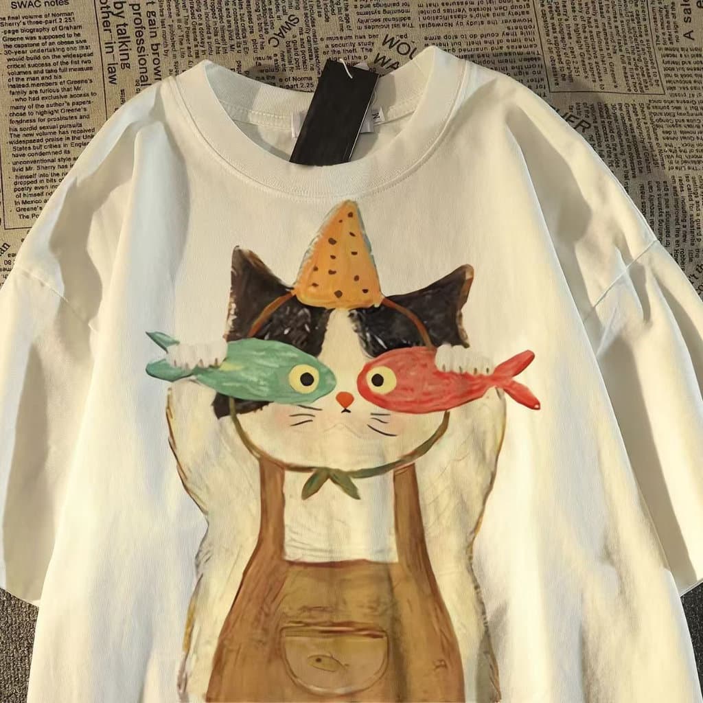 Camiseta Unissex Gato Fofo Estampa Japonesa Oversize Confortável Divertida Estilosa Casual Verão