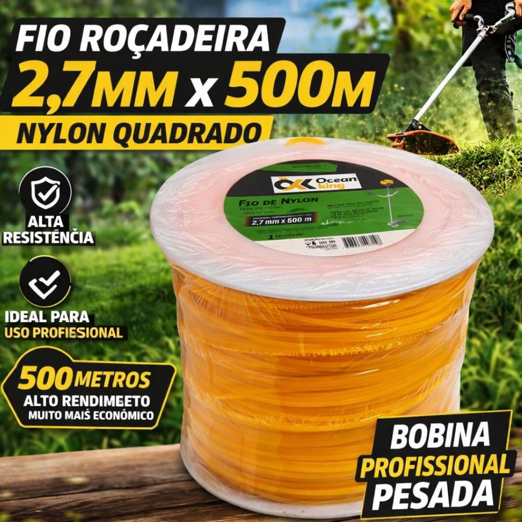 Fio Roçadeira 2.7mm x 500m Nylon Quadrado Alta Resistência Uso Profissional Alto Rendimento