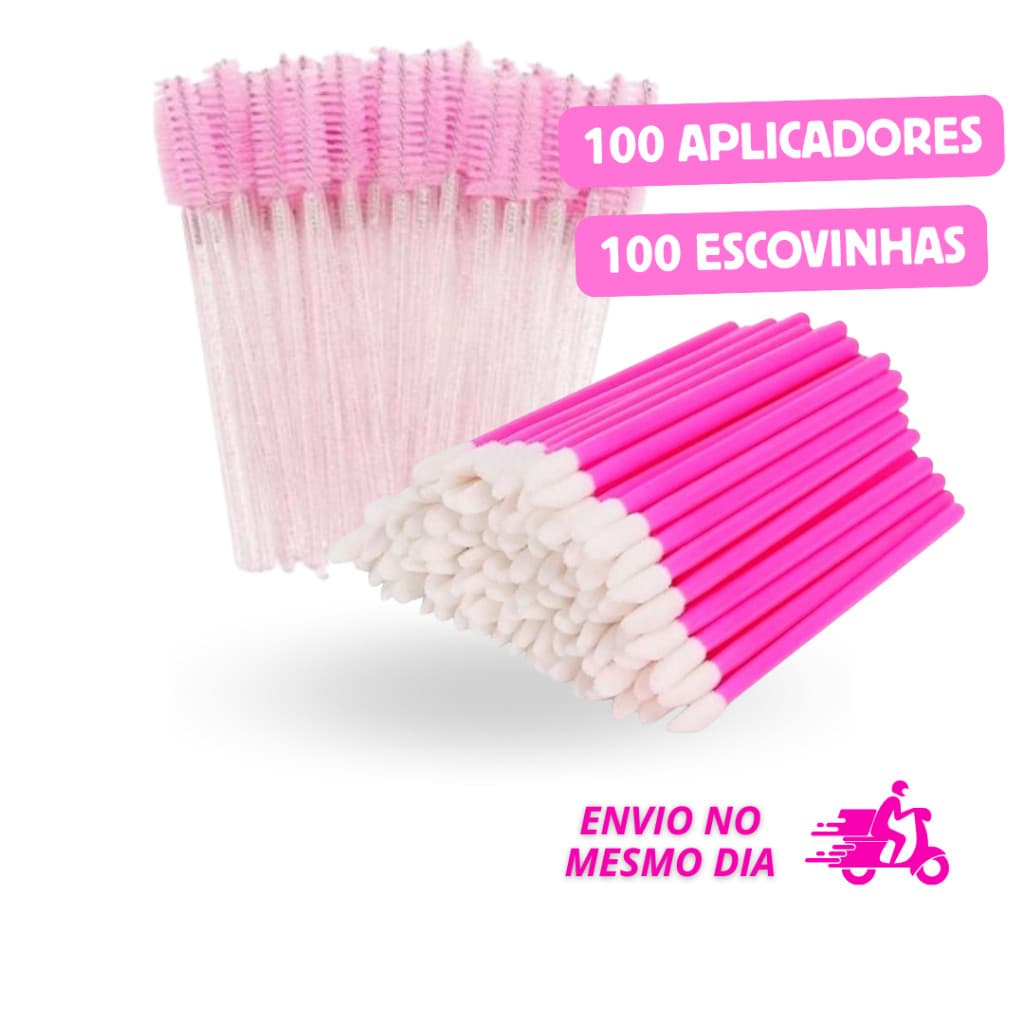 Escovinha Para Cílios + Aplicador Gloss Haste Oca Combo 100+100 Sobrancelha Lash Design
