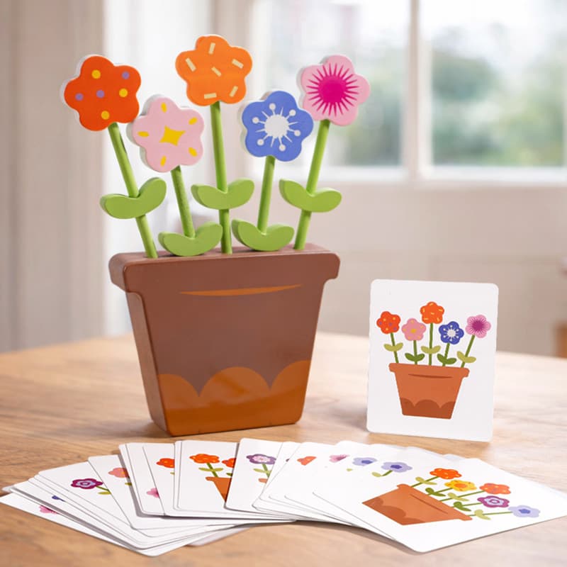 Brinquedo De Blocos De Construção De Flores De Madeira , Quebra-Cabeça Educacional Inicial Com Cartões De Tarefas , Simu