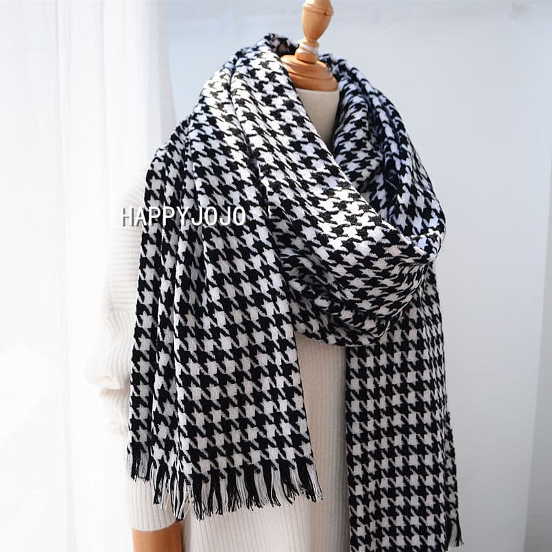 Preto branco Houndstooth lenço de lã australiano unissex clássico estilo britânico inverno quente xale dupla utilização