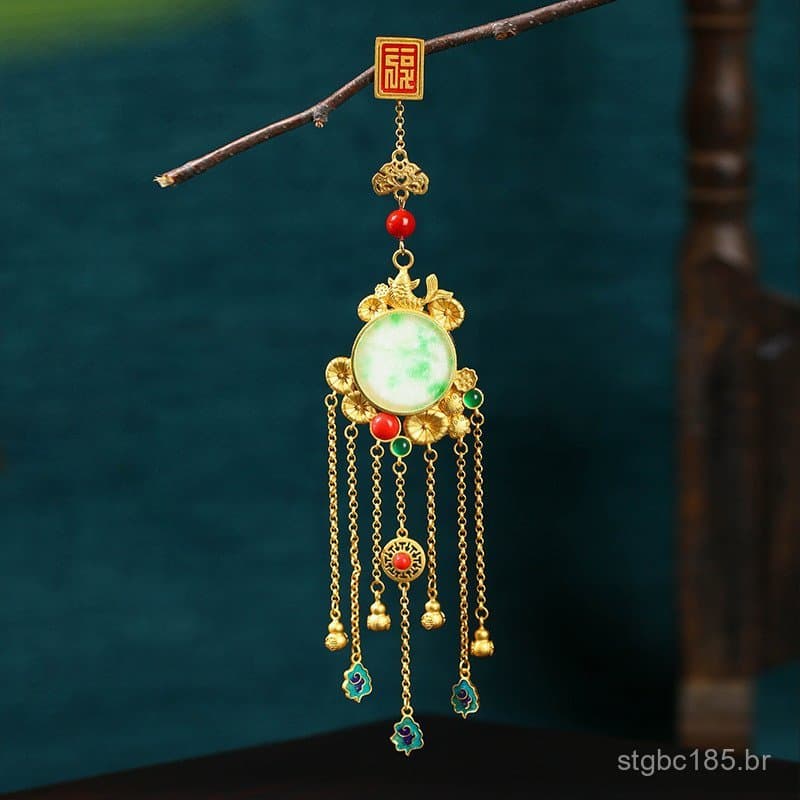 Broche vintage com borla, com o caractere "Fu" e design de nuvem auspiciosa, esmaltado, adequado para cheongsam, xales d