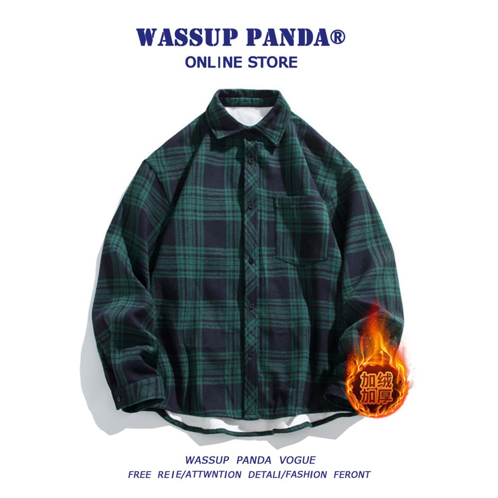 WASSUP PANDA Retro Escovado Espessado Xadrez Camisa de Manga Comprida Masculina Outono Inverno Camisa Casual Jaqueta