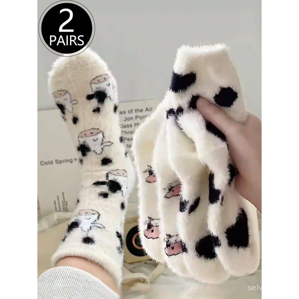 2 Pares de Meias de Pelúcia com Estampa de Vaca, Grossas e Quentes, Meias de Coral Fleece, Macias e Confortáveis, Adequa