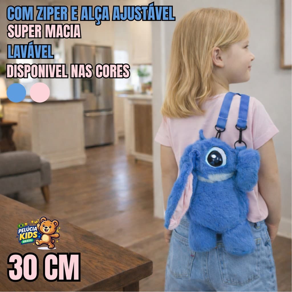 Mochila Urso de Pelúcia 30cm com Zíper e Alça Ajustável