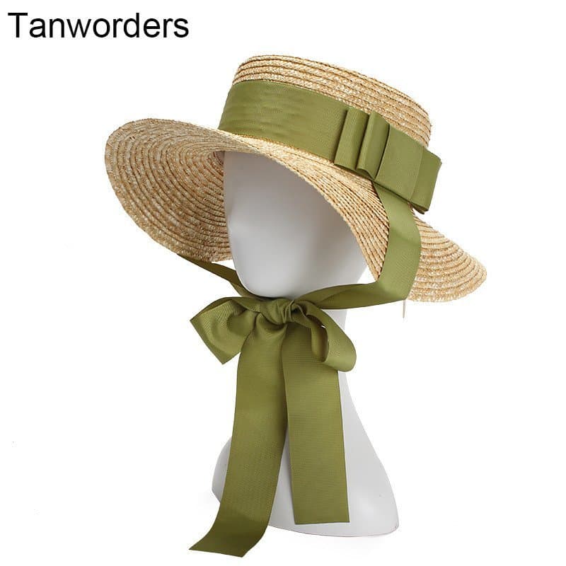 Chapéu de Palha Feminino de Verão com Topo Reto, Estilo Europeu e Americano, Faixa com Laço Verde, Chapéu de Proteção So