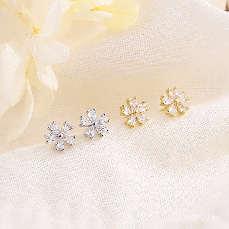 Brincos de flor de cinco pétalas em prata s925 com zircônia para mulheres, estilo fresco e campestre, simples, compactos