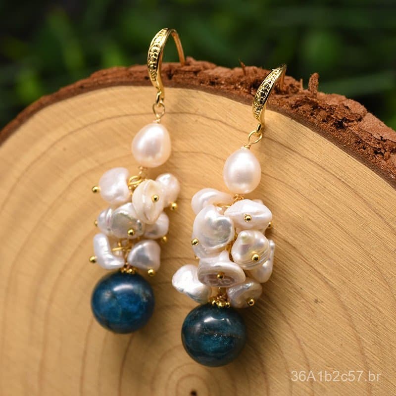 Brincos de Pérola com Toque Sofisticado, Conjunto de Pérola de Água Doce Barroca e Cristal Azul, Joias de Pérola Natural