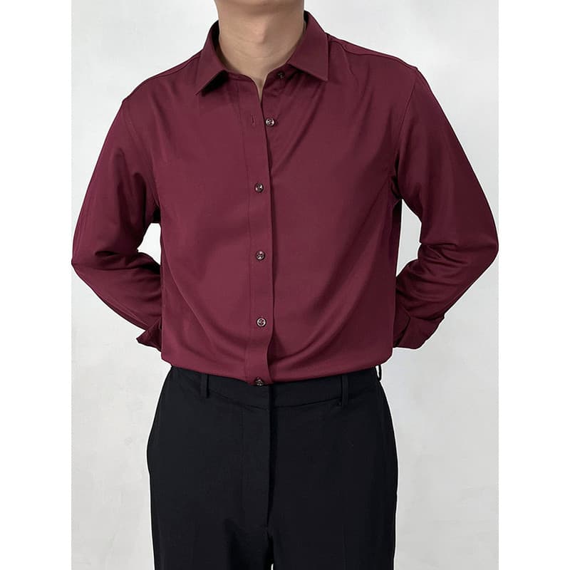 High-End sentimento não-ferro camisa de manga comprida masculina banquete de casamento vinho vermelho fibra de bambu neg