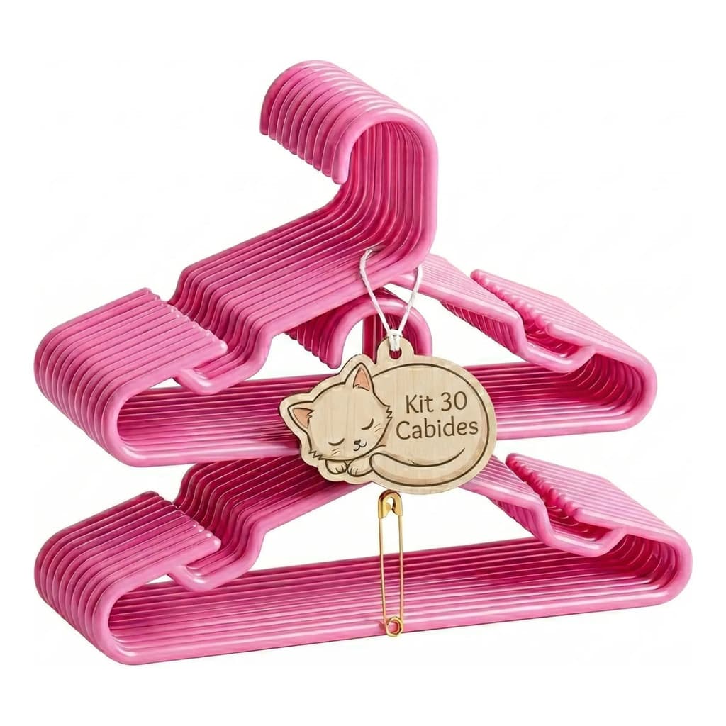 Kit 30 Cabide Infantil Acrílico Cor Rosa Menina Roupa Bebê Slim Ultrafino Reforçado