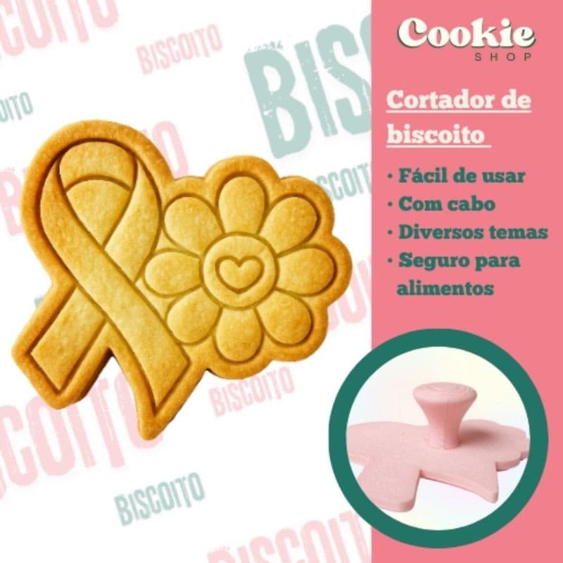 Cortador + Carimbo Outubro Rosa para Biscoito, Massas e Pasta Americana