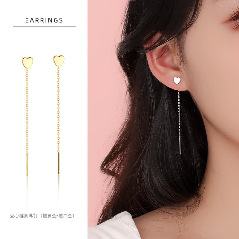 S925 prata esterlina brilhante em forma de coração corrente cruzada linha de orelha japonês coreano moda elegante K banh