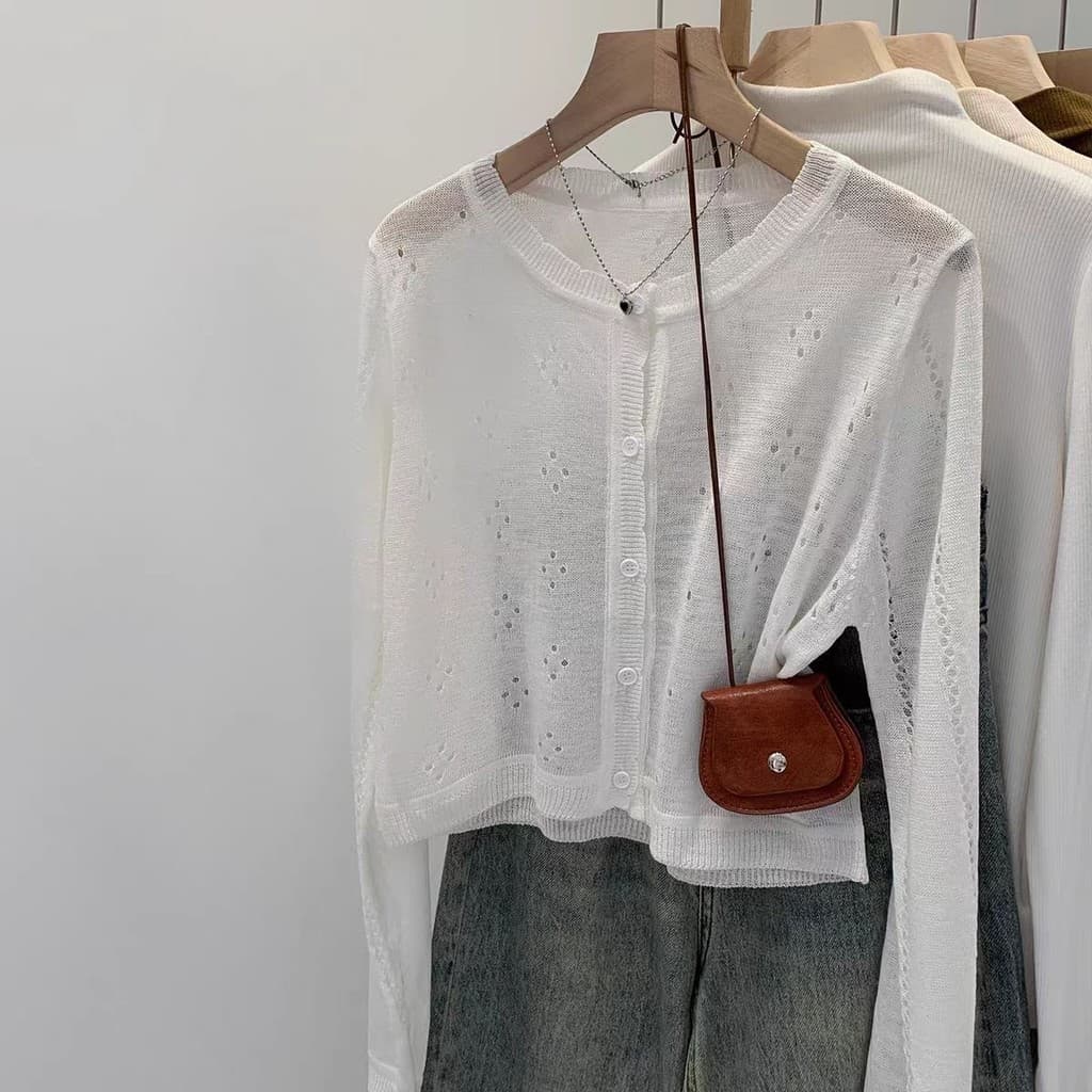 Cardigan de malha oco fino feminino verão novo estilo estilo ocidental redução de idade protetor solar pequena jaqueta b
