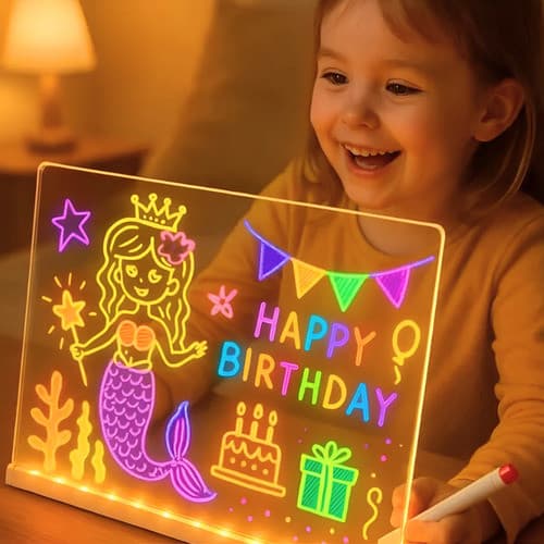 Lousa Led Mágica Infantil Desenho para Colorir Grande com Suporte + 7 Canetas Tam 30x20cm