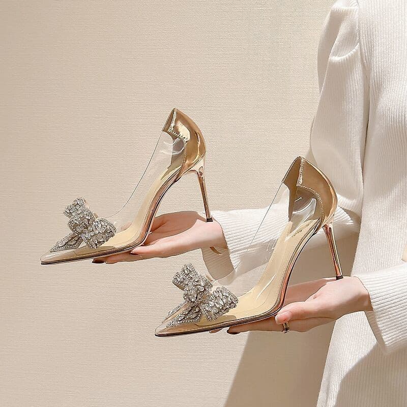 Sapatos Femininos de Salto Alto Transparente de Cristal com Bico Fino para Primavera e Outono KFI2 KSBF