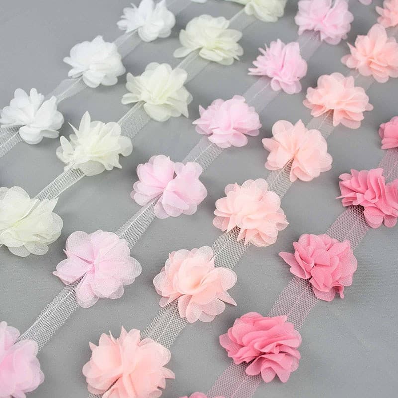 2 Metros 3D Chiffon Tecido De Renda Com 24 Pcs Flor Para Decoração Vestido De Renda Vestuário Guarnição DIY Artesanato C