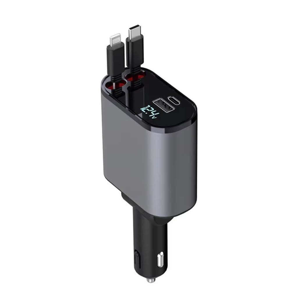 Carregador Veicular Retrátil 4 em 1 100W com Cabos USB-C e Lightning, Visor de Tensão, Carregamento Rápido PD para iPhon