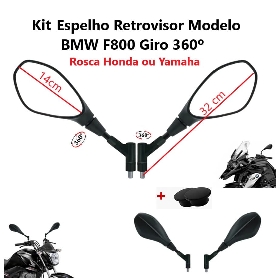Espelho Retrovisor Modelo BMW F800 GS650 Giro 360  Universal Rosca Honda Yamaha CG Titan Fan 160 Par