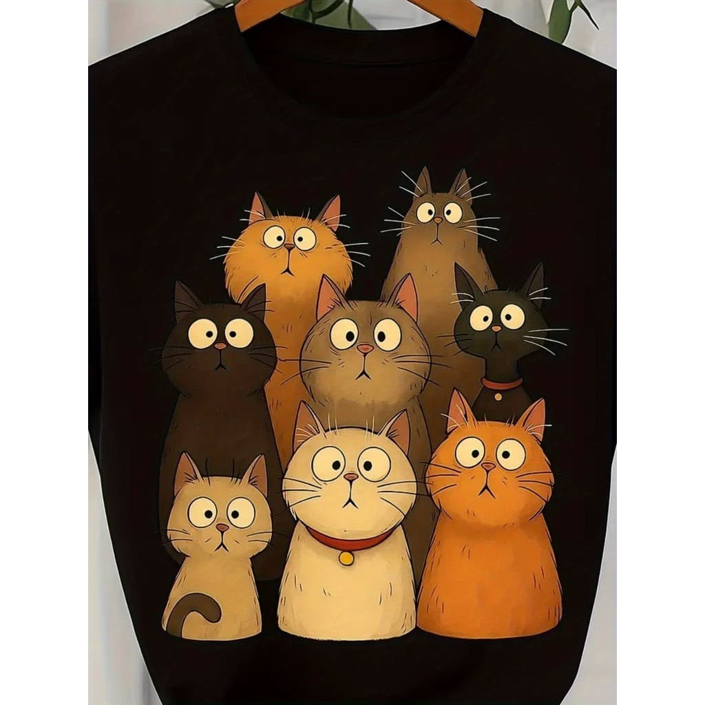 Camiseta Feminina Fofa Confortável Estilosa Camisa Premium Estampa Gatos Anime 100% Algodão