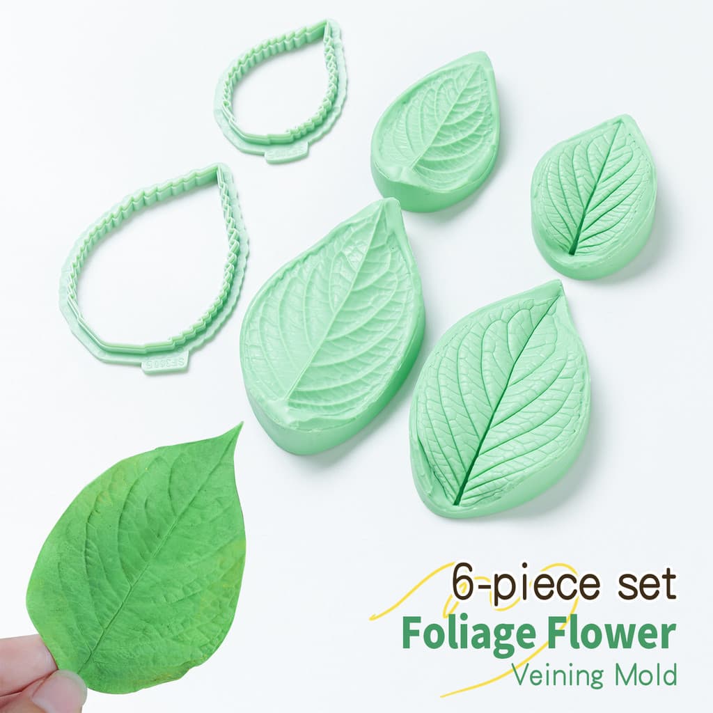 KALAIEN Conjunto de 6 Moldes de Folhas para Fondant, Molde de Silicone com Veios de Folha e Cortadores de Plástico, para