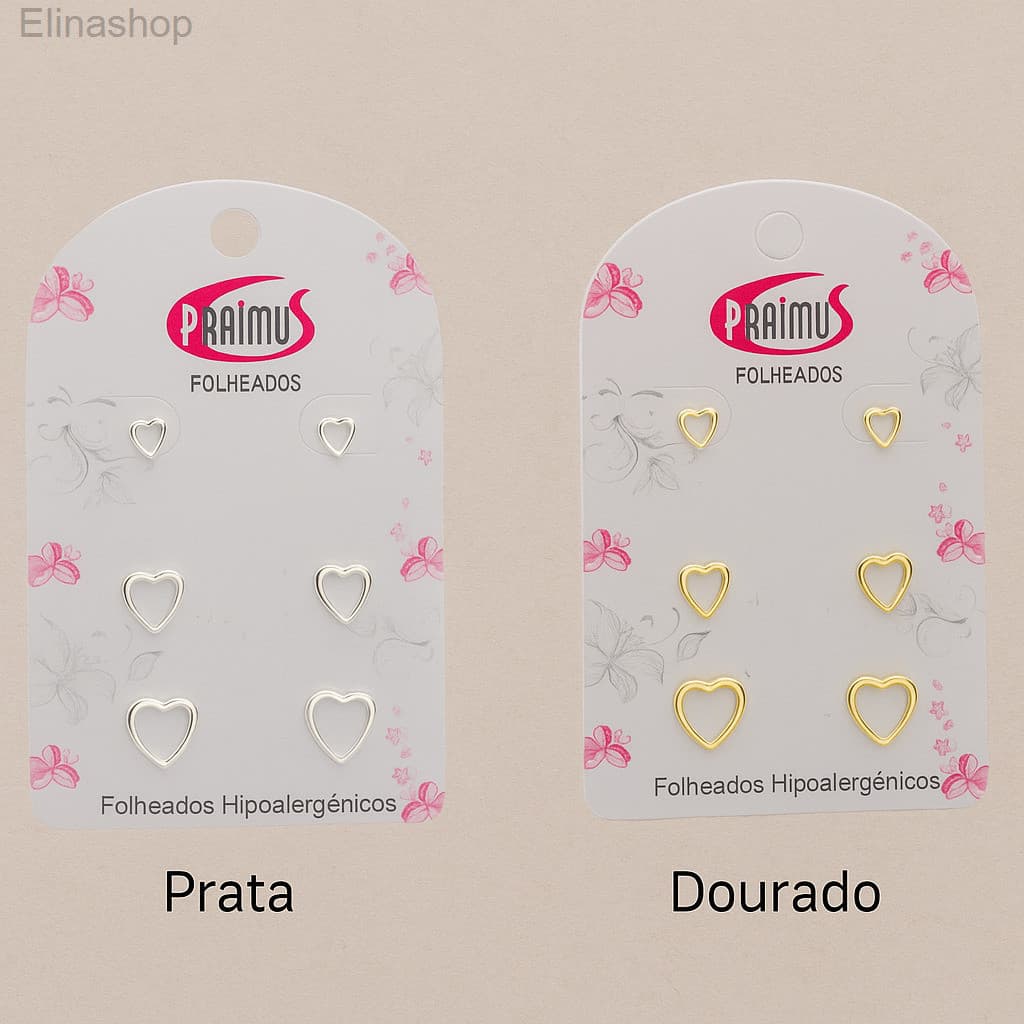 (V)Trio de Brincos Coração Vazado – Folheados Hipoalergênicos (Prata e Dourado)PYQK