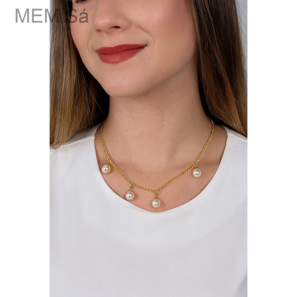 (V)Colar Feminino Dourado com Pérolas – Corrente Grumet EleganteDI3Z