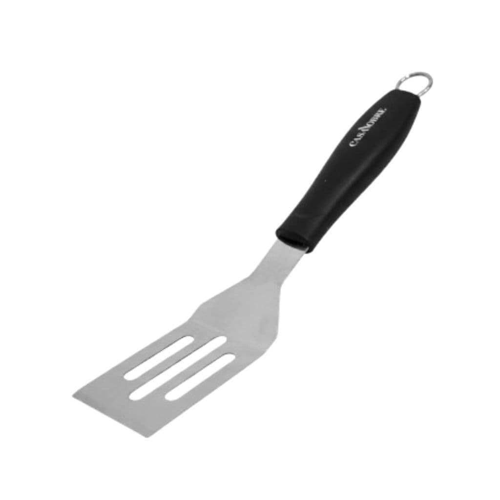 Kit 5 und - Espatula de Cozinha - Inox - Degrau Vazada - Cabo Plático Preto