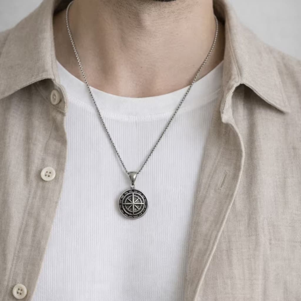 Colar Masculino Bússola Estiloso em Aço Inox